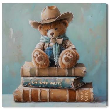 Imagem de Art Remedy Cowboy Teddy Books Impressão de arte infantil em tela, envolvida em galeria, 50,8 cm x 50,8 cm