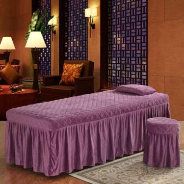 Imagem de Conjunto de lençóis de mesa de massagem, 3 peças, microfibra, veludo, beleza, beleza, fisioterapia, salão de beleza, saia para cama, capa de mesa e saia, roupa de cama com elástico para spa - Roxo||60
