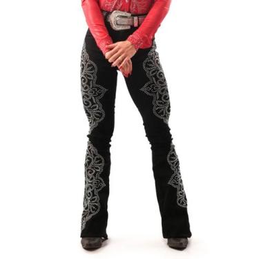 Imagem de Calça Jeans Preta Feminina Lótus Brilhos Pratas Moda Country Elastano 