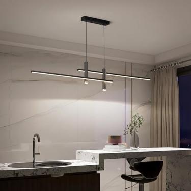 Imagem de Luminária pendente LED moderna para ilha de cozinha, com altura ajustável, ideal para restaurantes. Lustre pendente com intensidade regulável de 10% a 100%, design linear, perfeita para mesa