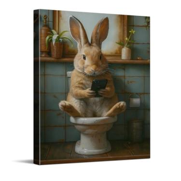 Imagem de Coelhinho engraçado usando telefone impressões em tela de banheiro, ilustração caprichosa arte de parede em tela, decoração de banheiro, decoração de quarto infantil, decoração de casa tema coelhinho