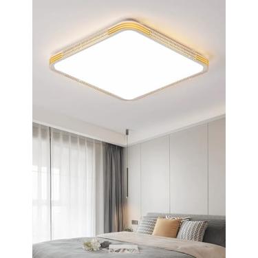 Imagem de Luminária de teto LED com regulagem contínua de intensidade, estilo nórdico, redonda, minimalista e moderna, em metal, para sala de estar, cozinha e sala de jantar (dourada, quadrada, 50 cm)