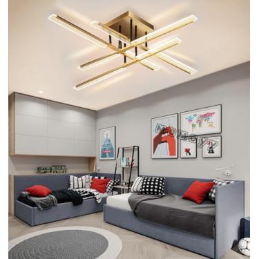 Imagem de Luminária de teto LED moderna para sala de estar, com intensidade ajustável e controle remoto, na cor dourada. Luminária de teto criativa em metal, ideal para quarto, sala de estar, cozinha