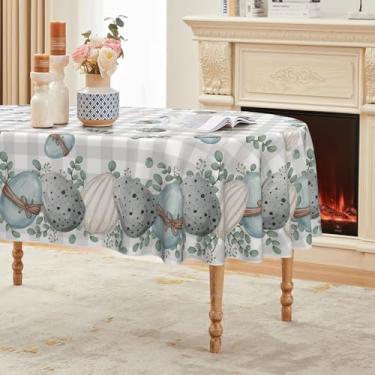 Imagem de Horaldaily Toalha de mesa de Páscoa 152 × 213 cm, oval, folhas de ovos de páscoa, xadrez de eucalipto, lavável, capa de mesa sazonal para decoração de festa, piquenique, jantar