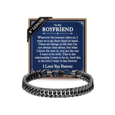 Imagem de IEFLIFE Pulseira de presente para homens - prata/preta de aço inoxidável cubano corrente corrente presente para filho neto, presente de aniversário para homem, namorado, pulseira masculina de 8 mm de