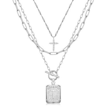 Imagem de MJartoria Colar com inicial em camadas para mulheres, moderno, latão banhado a ouro 14K, gargantilha com cruz simples, pingente de letra quadrada, colar de corrente de clipe de papel, joias, one size