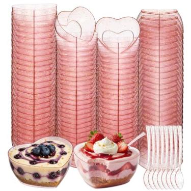 Imagem de Rtteri Conjunto de 100 tigelas de plástico com glitter, descartável, 100 mini tigelas em forma de coração com 100 colheres de louça, sorvete, sobremesa, doces, sorvete, para festa de aniversário dos