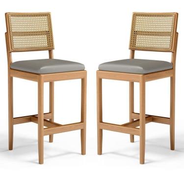 Imagem de Kit Com 2 Banqueta Milena Madeira Maciça Assento Estofado Encosto De Tela Palha Sextavada Veludo Chumbo 109