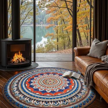Imagem de jinchan Tapete redondo mandala 1,8 m azul rústico boho tapete lavável tribal 1,8 m redondo vintage pacífico tapete macio antiderrapante de perfil baixo para sala de estar, quarto, sala de jantar