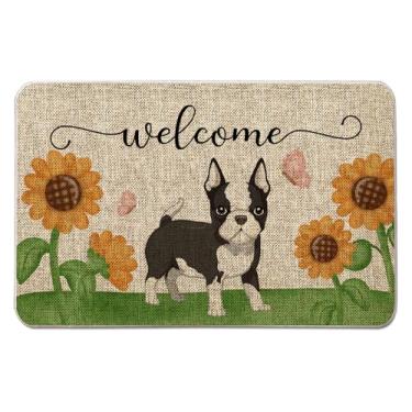 Imagem de QIONG MENG Tapete de porta de primavera Boston Terrier Tapete de boas-vindas ao ar livre Tapete de entrada de primavera, casa de fazenda, casa, cozinha, decoração de cachorro, capachos frontais de