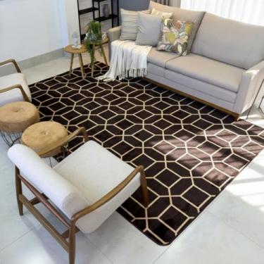 Imagem de Tapete Sala Aveludado Pelo Baixo Geométrico Antialérgico Lavável Tapete Grande Moderno 200x140(Colmeia Marrom)