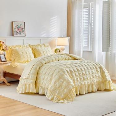 Imagem de Flysheep Conjunto de capa de edredom Seersucker xadrez amarelo com franjas largas King Size, jogo de cama macio de 3 peças para todas as estações, conjunto de cama King Farmhouse com fronhas de