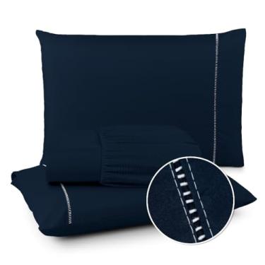 Imagem de Jogo de Lençol Casal Padrão Box 400 Fios Ultra Macio para Dormitório(AZUL MARINHO,SOLTEIRO)