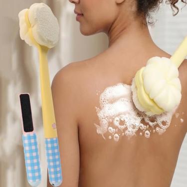 Imagem de 1 escova de banho dupla face, cabo longo, esfoliante, massagem nos pés, chuveiro, SPA, acessórios de banheiro (estilo toalha de banho amarela)