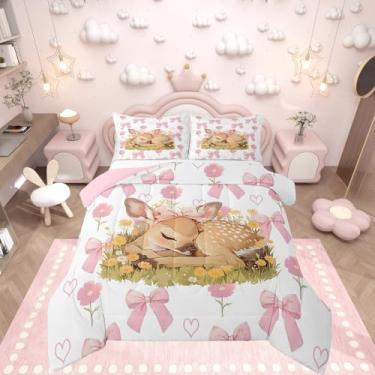 Imagem de Erosebridal Conjunto de cama solteiro com laço rosa, animais de cervo, fofos, coquete, fita rosa, laço e laço para crianças, adolescentes, mulheres, quarto, floral, amor, edredom