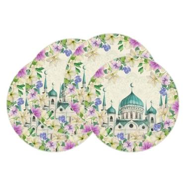 Imagem de XCHI Jogo americano de flores castelo estrelas Ramadã Mubarak conjunto de 4 tapetes de mesa para festa, casa, cozinha, decoração de mesa de jantar, 35 x 35 cm