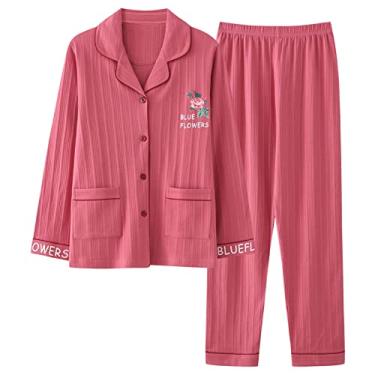 Imagem de 3FLQOOPP Roupa de dormir feminina outono inverno conjunto de pijama de manga comprida completo conjunto de pijama solto roupa de dormir roupa de casa (rosa grande)
