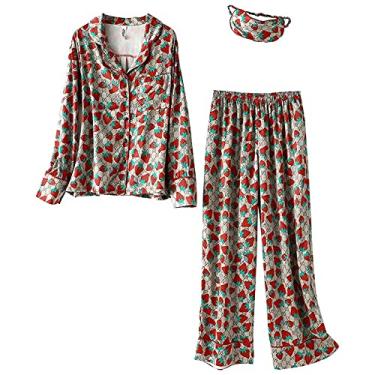 Imagem de HHHJQFAAT Conjunto de pijamas de manga comprida para mulheres com botão para dormir plus size conjuntos de pijama macio L60-70kg 1 (rosa XX)