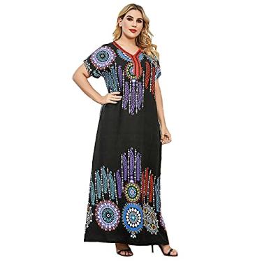 Imagem de 3FLQOOPP Vestido longo casual plus size estampado preto saia terno para mulheres robe manga curta (preto grande)