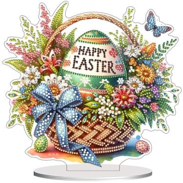 Imagem de VODAPYC Kit de pintura de mesa de arte de diamante de Páscoa, enfeite de mesa com pintura de diamante parcial em pé dupla face em pé (cesta de ovos de Páscoa)