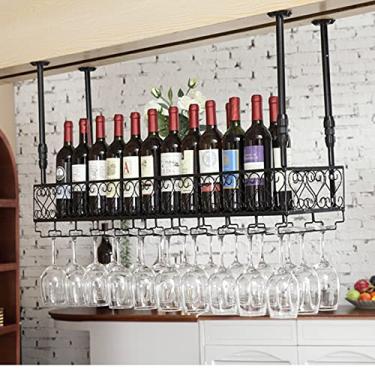 Imagem de Rack de vinho rack de teto rack de vinho unidade de bar vintage suporte de armazenamento de ferro de metal preto rack de garrafa de vinho taça de vidro prateleira organizadora flutuante prateleiras