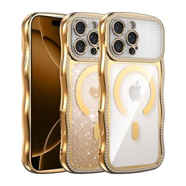 Imagem de UCASONG Capa magnética transparente para iPhone 16 Pro Max de 6,9 polegadas com cartão de glitter gradiente de coração de amor, linda moldura ondulada encaracolada com strass brilhante, compatível com