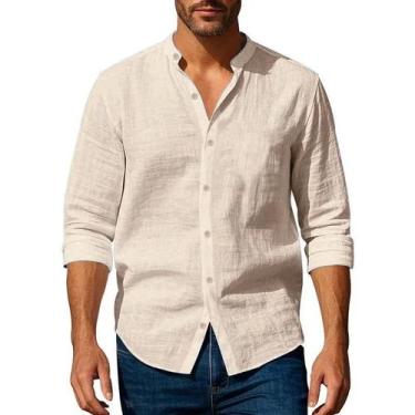 Imagem de Camisa Masculina De Algodão E Linho Com Gola Henley, Ajuste Slim, Leve