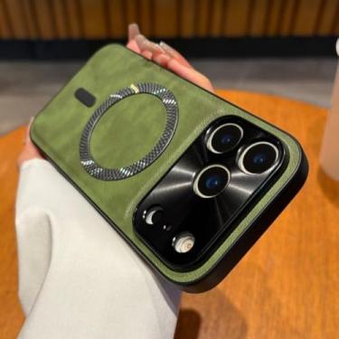 Imagem de Capa de couro texturizado de luxo para iPhone 17 Air 16 16e 15 14 13 11 12 Pro Max Plus com carregamento sem fio e proteção contra impactos (para iPhone 15/Verde)