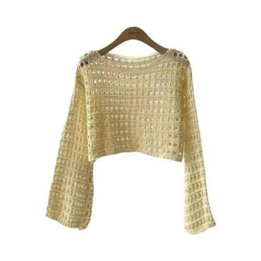 Imagem de Blusa De Crochê De Manga Longa Boho Para Mulheres, Top Cropped De Verã