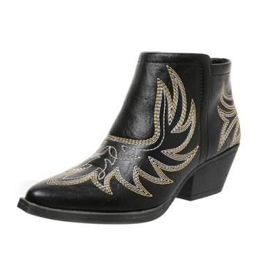 Imagem de Haoeacr Botas de caubói femininas no tornozelo, cowgirl, bordadas, bico fino, salto grosso, botas country, Preto, 37