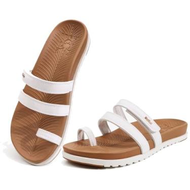 Imagem de KuaiLu Sandálias femininas deslizantes com fascite plantar suporte de arco moderno confortável sandálias planas ajustáveis femininas leves ortopédicas sem cadarço, Cáqui Branco, 39