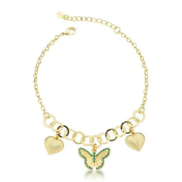 Imagem de Pulseira Feminina Delicada Banhada Em Ouro 18k - Corações E Borboleta Com Cristais Verdes