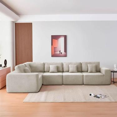 Imagem de Kit Sofá Modular 5 Lugares Moderno Curvo Orgânico Adapt Linho - Amarena Móveis Bege