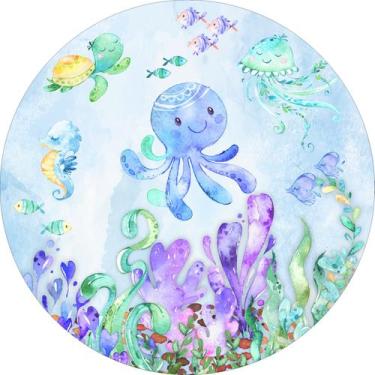 Imagem de Painel em Tecido Sublimado Redondo Fundo do mar animais algas azul aqu