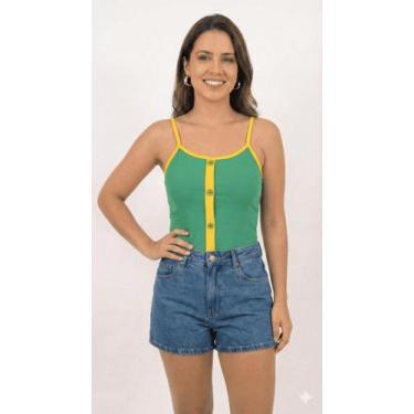 Imagem de Camiseta canelada com botão brasil - Flor de Paula, Verde com amarela,