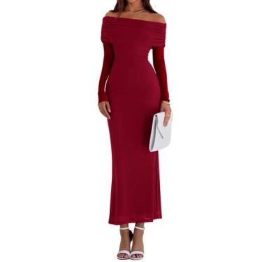 Imagem de Vestido PRETTYGARDEN Ombro a Ombro Manga Longa Bodycon Maxi Vinho M