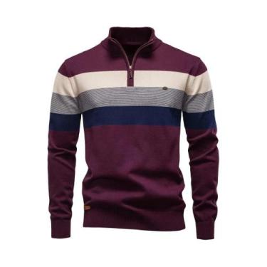 Imagem de Suéter Masculino De Algodão Com Zíper E Gola Alta Em Patchwork, Quente