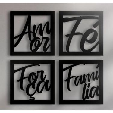Imagem de Kit 4 Peças Quadro 20x20 Decorativo MDF Frases Amor Fé Família 3mm Vaz