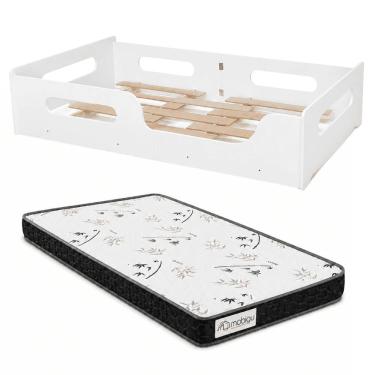 Imagem de Cama Montessori Solteiro Infantil 100% MDF Com Colchão 10cm e Grade Proteção