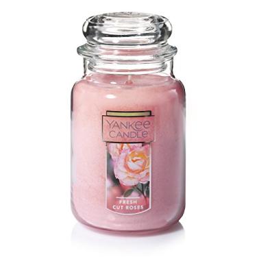 Imagem de Yankee Candle Rosas frescas perfumadas premium 623 g vela de pavio único com mais de 110 horas de aroma de longa duração, ideal para decoração de casa, presentes e eventos, jarra grande clássica rosa