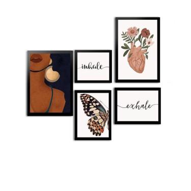 Imagem de Kit 5 Quadros Decorativos Moldura Preta Inhale Exhale Boho
