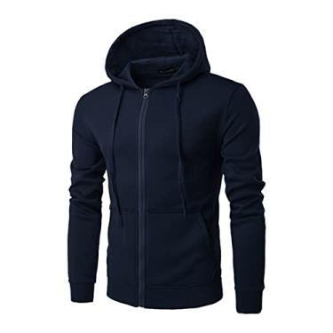 Imagem de Moletom com Zíper Blusa de Frio Moleton Com Capuz Blusão Masculino Liso Azul marinho PP