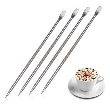 Imagem de 4 peças de aço inoxidável caneta de arte de café café costura chique barista ferramenta Cappuccino latte espátula agulha para casa cozinha café
