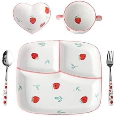 Imagem de Prato Dividido/tigela De Sopa/colher/garfo Conjunto De Talheres Para Uso De Uma Pessoa Pratos Bariátricos Para Controle De Porções - 5 Unidades De Utensílios De Cozinha,padrão De Morango,Pleasant6