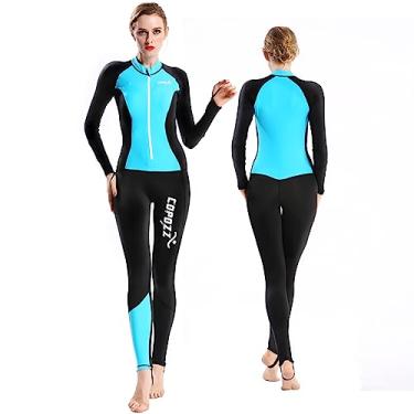 Imagem de COPOZZ Pele de mergulho, homens mulheres jovens roupa de mergulho fina Rash Guard - proteção UV de corpo inteiro - para mergulho, snorkeling, surfe, pesca submarina, esporte pele (preto/azul, PP para