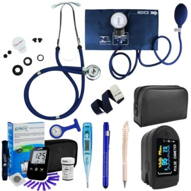 Imagem de Kit Enfermagem Completo Azul Estetoscópio Esfigmomanômetro Oximetro Glicosímetro Garrote Termometro, Lanterna Clínica, Relógio Lapela + Caneta de Osso