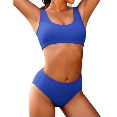 Imagem de AI'MAGE Conjunto de biquíni feminino com nervuras esportivas, gola redonda, duas peças, biquíni de corte alto PP-2GG, Azul celeste canelado, XXG
