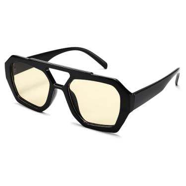 Imagem de LIU·WEN Óculos de sol aviador modernos para mulheres e homens – armação quadrada hexagonal vintage, A3 preto/amarelo, Medium