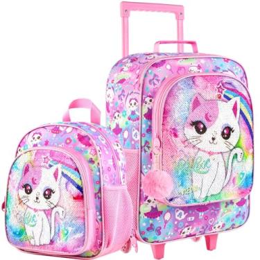 Imagem de Bagagem infantil para meninas e meninos, mala de unicórnio dinossauro com rodas, bagagem de viagem para crianças do ensino fundamental, Gato rosa, 2 peças, One Size
