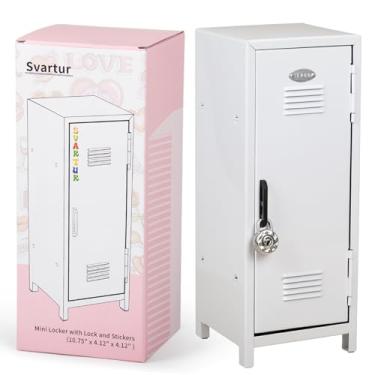Imagem de Svartur Mini Locker com cadeado e chaves, adesivos, armário pequeno de metal para desktop, organizador de armazenamento de mesa para meninas, cofre para dinheiro e cofre para meninas, branco